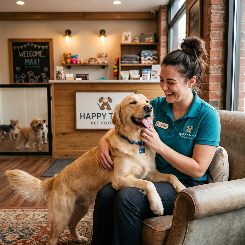 Staff petting a happy dog