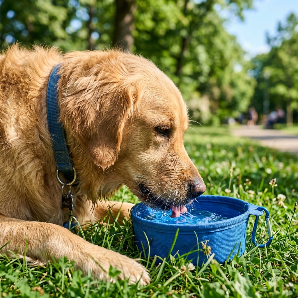 Dog drinking water in park